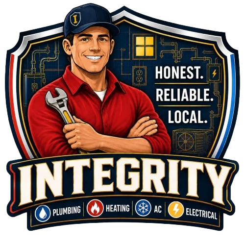 Illustration of a smiling repairman holding a wrench, with the words "Honest. Reliable. Local." and "Integrity" plus icons for plumbing, heating, AC, and electrical services.
