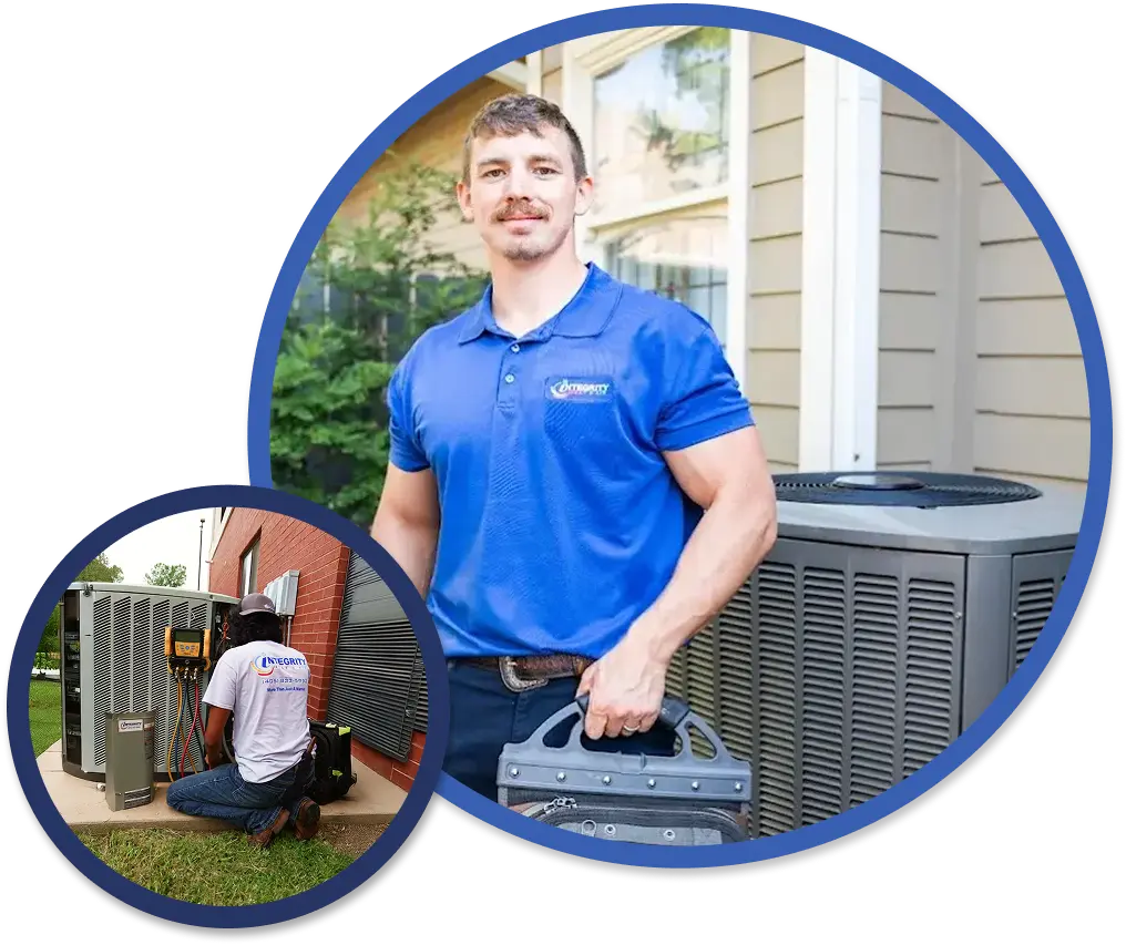 Two HVAC technicians work on outdoor air conditioning units; one stands holding a toolbox, the other kneels and inspects equipment. Both wear uniforms with company logos.